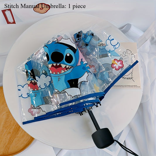 1pc Disney Stitch Manual Cartoon Umbrella, 3-Fold Portable Transparent Sunshade, Casual Cute Fashion Style, Steel & Plastic Material, Foldable Feature