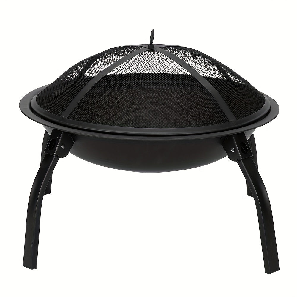Curved Iron 22-Inch 4-Leg Fire Pit - Wood-Burning Fireplace With Lid - Perfect For Patios, Pool Sides, Family Gatherings, Outdoor Camping, And Holiday Decor