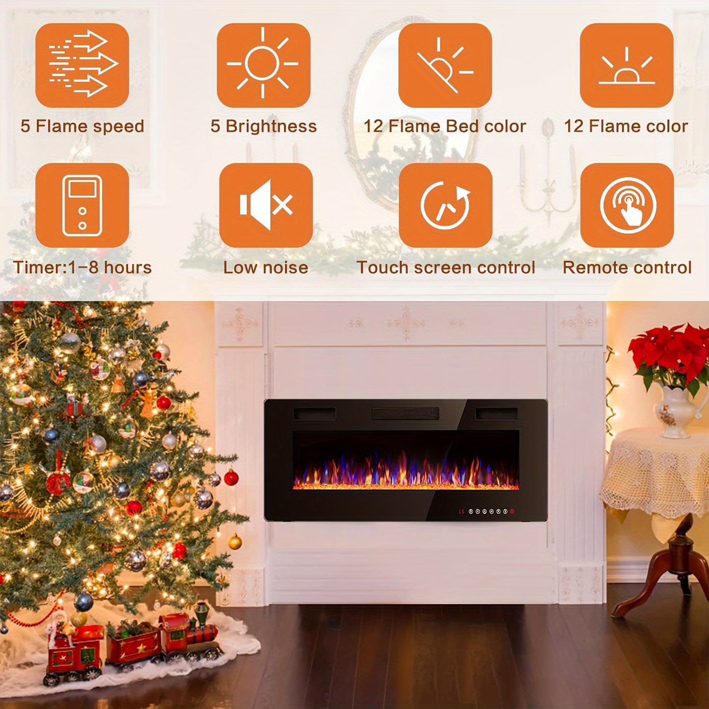 1500W Ultra-Thin Electric Fireplace Vitesse Ultra-Thin Electric Fireplace - Sleek Black, In-Wall Recessed Heater with Vibrant Multicolor Flame Effect, Timer, Low Noise, 1500W, Touch Screen & Remote Control for Cozy Home Ambiance