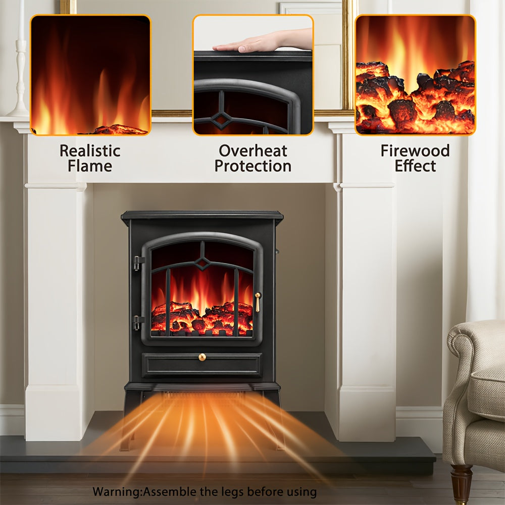 1000\u002F1500W Freestanding Electric Fireplace Stove - Realistic Flame, Overheating Safety Device, Thermostat, Adjustable Flame Brightness