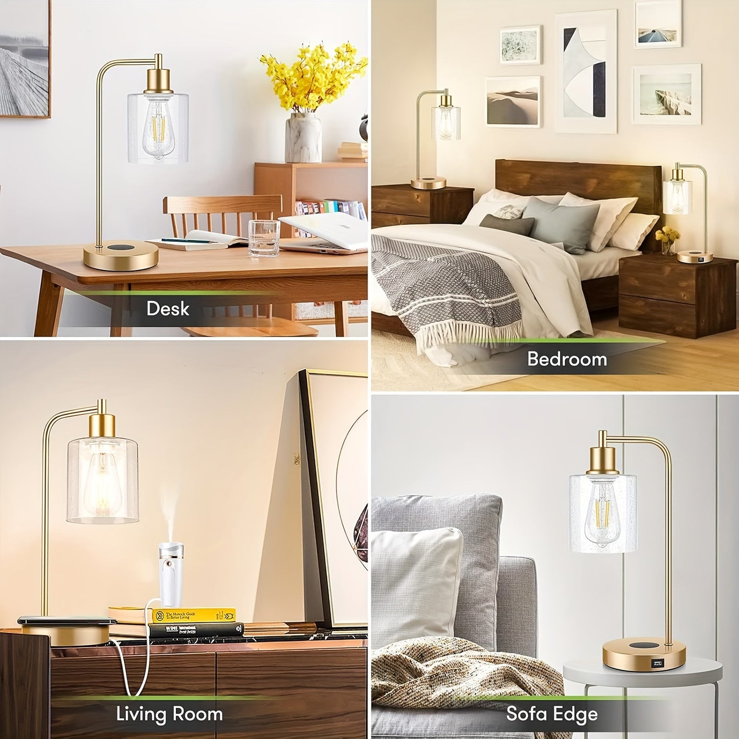 Bosceos Set Of 2 Charging Industrial Table Lamps 3-Way Touch Control Dimmable Desk Lamp with USB Ports Bedside Lamp with Hanging Seeded Glass Shade for Office Bedroom Living Room, Bulbs Included
