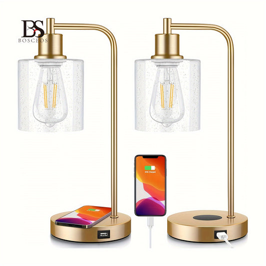 Bosceos Set Of 2 Charging Industrial Table Lamps 3-Way Touch Control Dimmable Desk Lamp with USB Ports Bedside Lamp with Hanging Seeded Glass Shade for Office Bedroom Living Room, Bulbs Included