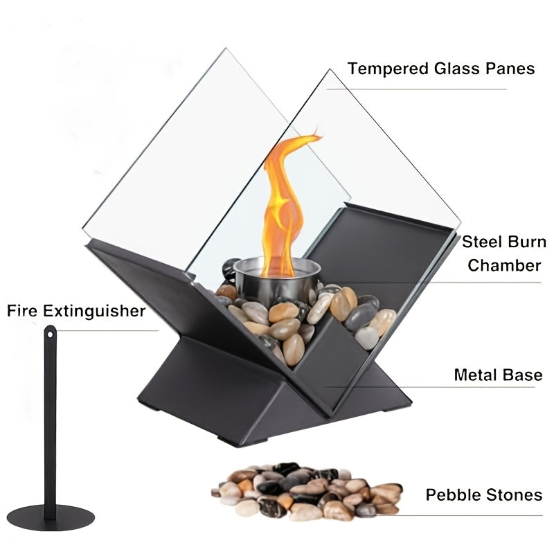 Odorless Clean-Burning Quadrilateral Tabletop Fire Pit - Clear Glass & Pebble Accents, Alcohol Fireplace for Cozy Christmas Ambiance