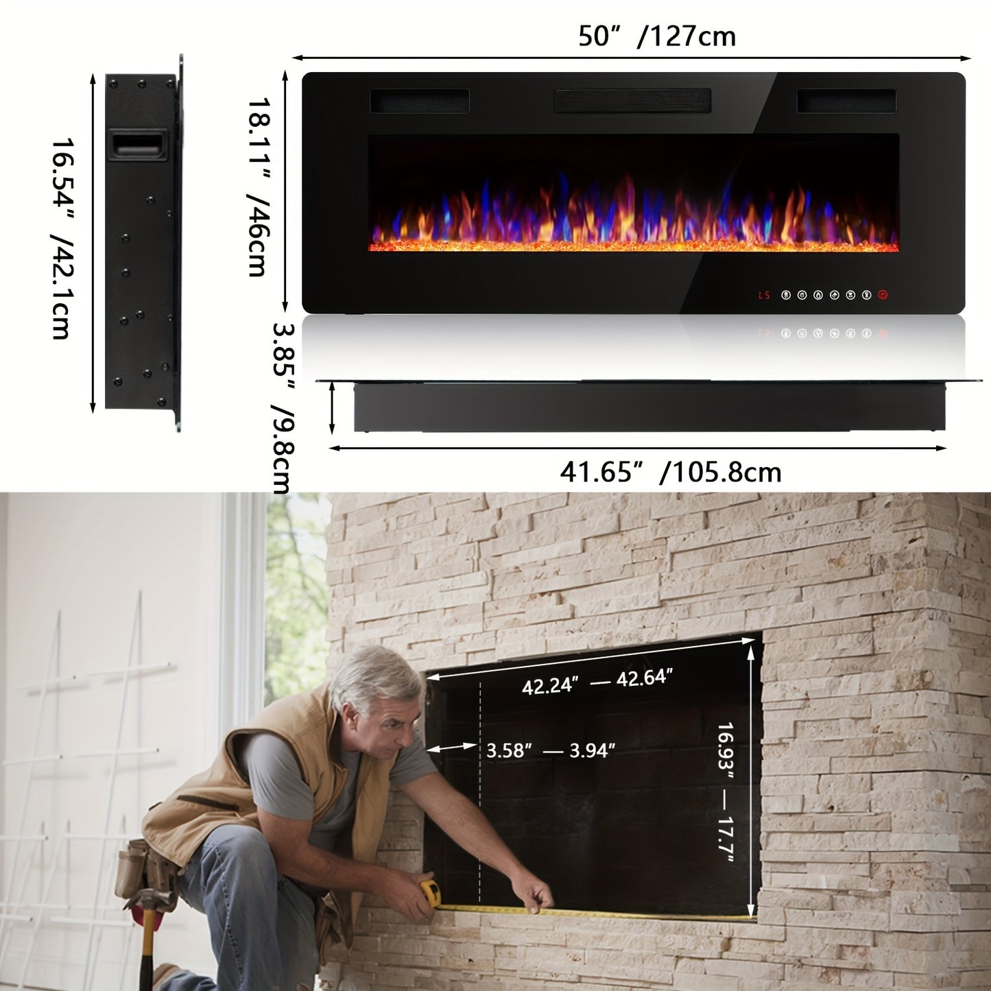 1500W Ultra-Thin Electric Fireplace Vitesse Ultra-Thin Electric Fireplace - Sleek Black, In-Wall Recessed Heater with Vibrant Multicolor Flame Effect, Timer, Low Noise, 1500W, Touch Screen & Remote Control for Cozy Home Ambiance