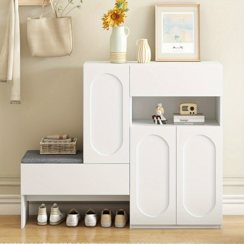 White ON-TREND 2-in-1 Shoe Storage Bench and Shoe Cabinet Multifunctional Shoe Rack with Padded Seat Versatile Shoe Storage Solution with Adjustable Hallway Shelves