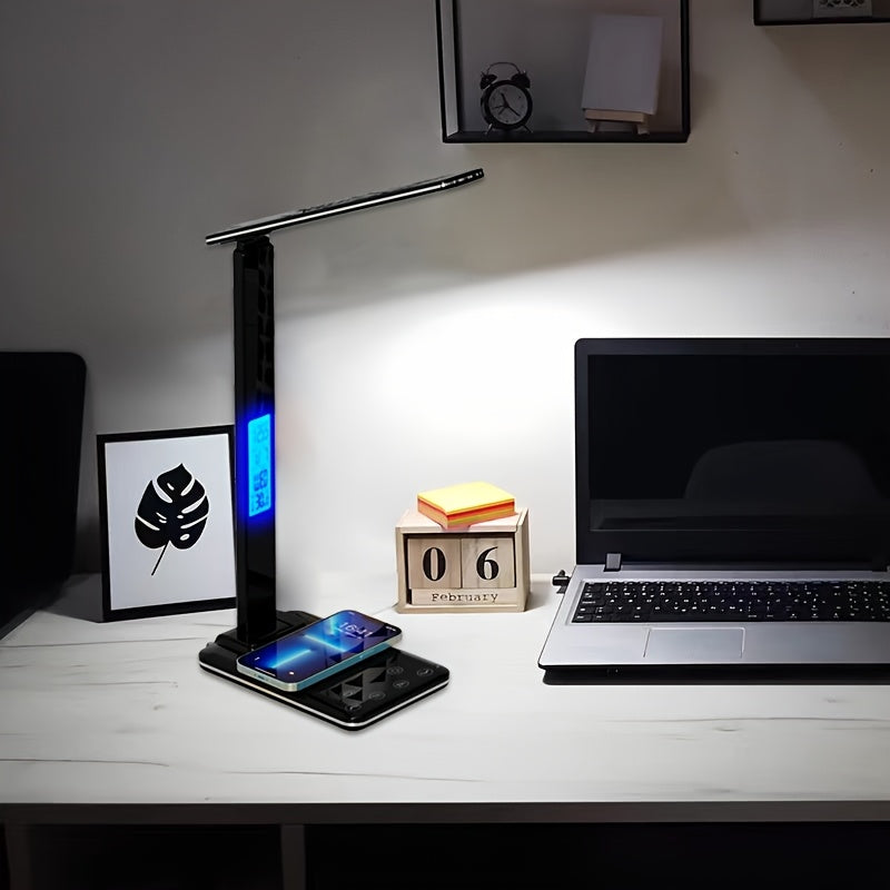 Foldable LED Desk Lamp with Wireless Charger, USB Port, Dimmable Lighting & Clock - Adjustable Temperature for Office, Bedroom, or Bedside Use, Minimalist Design Desk Lamp