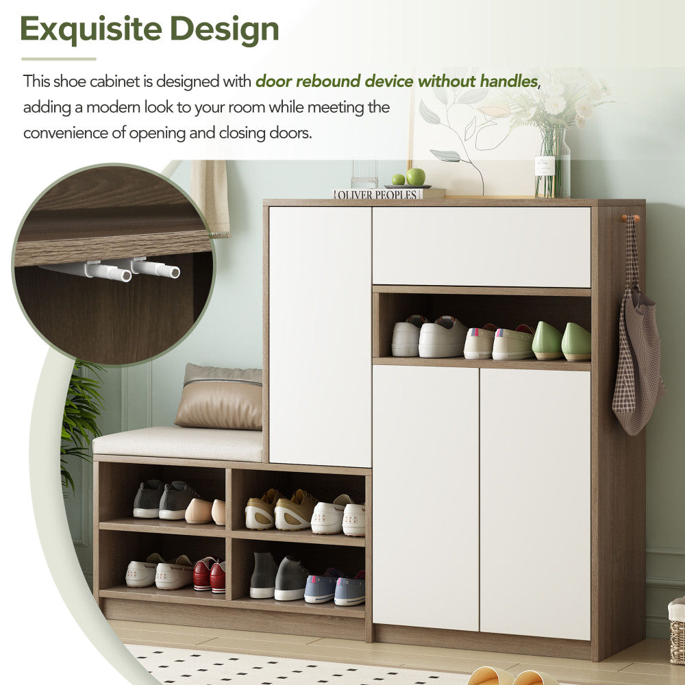White ON-TREND 2-in-1 Shoe Storage Bench and Shoe Cabinet Multifunctional Shoe Rack with Padded Seat Versatile Shoe Storage Solution with Adjustable Hallway Shelves