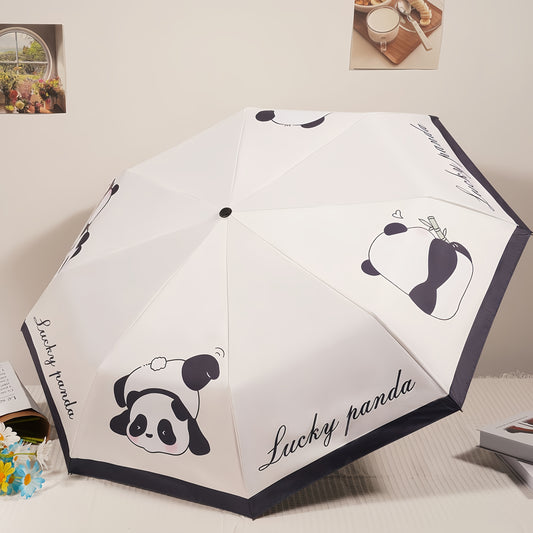 Cute Cartoon Lucky Panda Umbrella, Black Canopy, Creative Print, 8 Ribs Reinforced, Manual Open, 190T Pongee, Plastic and Iron, with Sun Protection, for Men and Women
