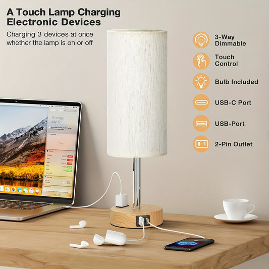 Bedroom Bedside Table Lamp - 3-way Dimmable Touch Light USB C Charging Port And AC Power Outlet, Wooden Bottom Round Linen Fabric Lamp Shade, For Living Room, Desk, LED Lamp