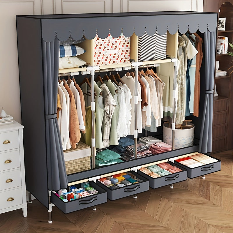 Easy Assembly Dust-Free Storage Closet 1pc Modern Metal Frame Freestanding Wardrobe Closet Organizer with Drawers, Space-Saving Design, Easy Assembly, Dust-Free Storage System, ≥3.2 Cubic Feet Enclosed Storage Capacity, ≥27 Inches Height