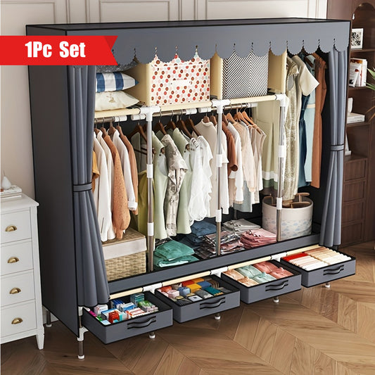 Easy Assembly Dust-Free Storage Closet 1pc Modern Metal Frame Freestanding Wardrobe Closet Organizer with Drawers, Space-Saving Design, Easy Assembly, Dust-Free Storage System, ≥3.2 Cubic Feet Enclosed Storage Capacity, ≥27 Inches Height