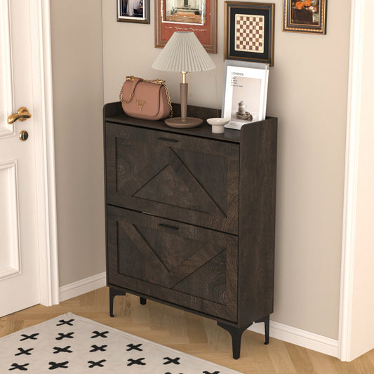 Modern Entryway Shoe Storage Cabinet with 2 Flip Drawers and Open Shelves Slim Narrow Hidden Shoe Rack for Heels Boots Slippers Durable Wood Freestanding Organizer for Entrance Brown