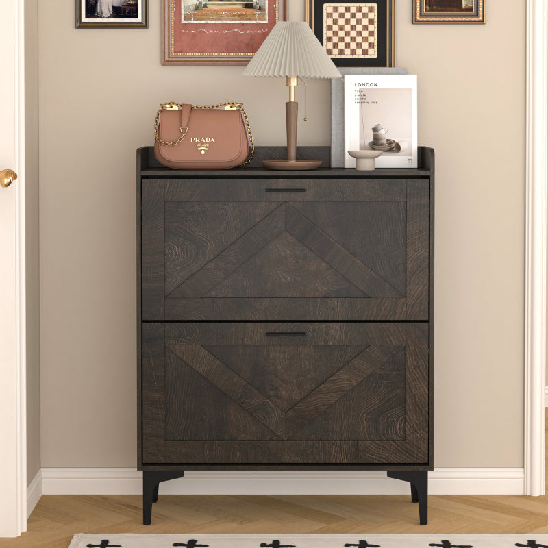 Modern Entryway Shoe Storage Cabinet with 2 Flip Drawers and Open Shelves Slim Narrow Hidden Shoe Rack for Heels Boots Slippers Durable Wood Freestanding Organizer for Entrance Brown