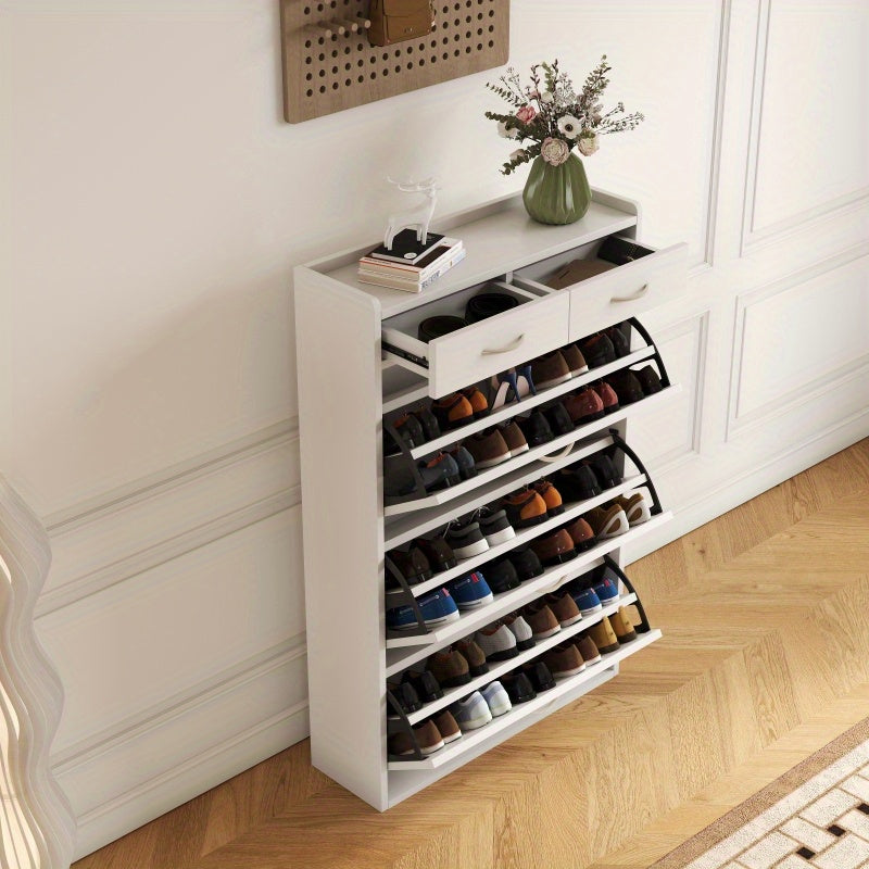 31.49 Inches of White Solid Wood Shoe Cabinet Three-Layer Flip Bucket Shoe Storage Cabinet Simple And Generous for a Variety of Home Style White Solid Wood Shoe Cabinet