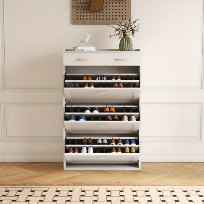31.49 Inches of White Solid Wood Shoe Cabinet Three-Layer Flip Bucket Shoe Storage Cabinet Simple And Generous for a Variety of Home Style White Solid Wood Shoe Cabinet