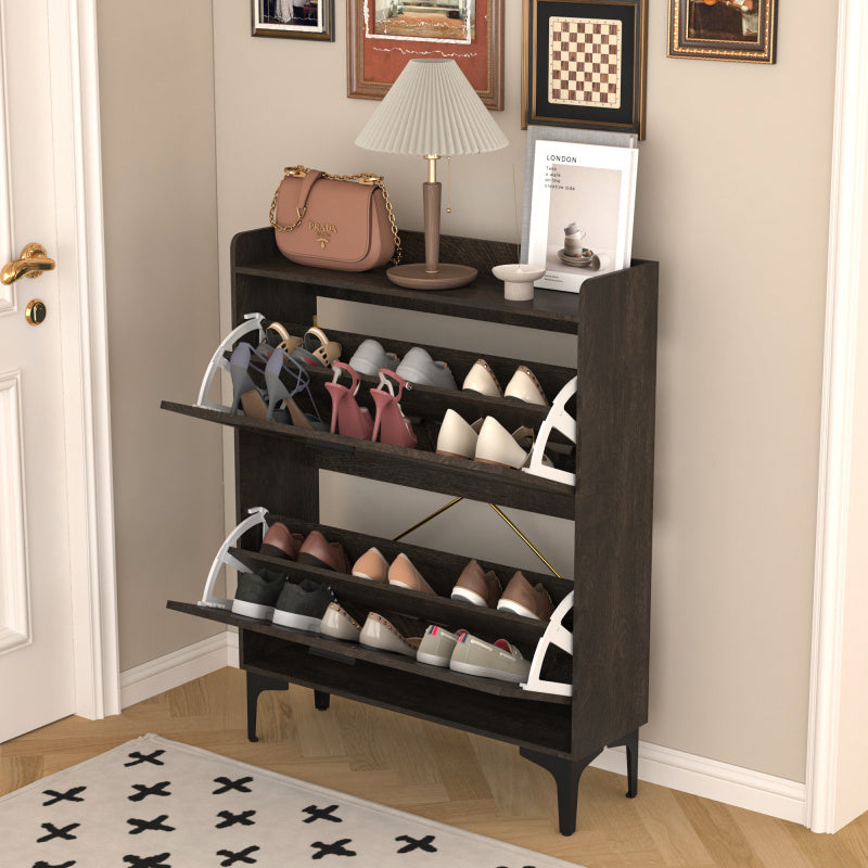Modern Entryway Shoe Storage Cabinet with 2 Flip Drawers and Open Shelves Slim Narrow Hidden Shoe Rack for Heels Boots Slippers Durable Wood Freestanding Organizer for Entrance Brown