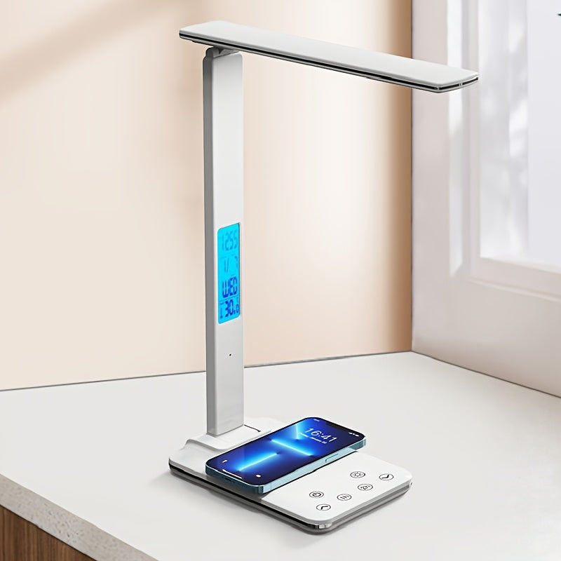 Foldable LED Desk Lamp with Wireless Charger, USB Port, Dimmable Lighting & Clock - Adjustable Temperature for Office, Bedroom, or Bedside Use, Minimalist Design Desk Lamp