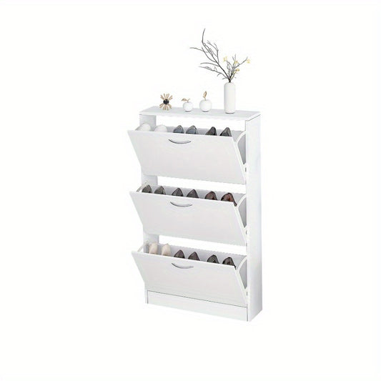 Shoe Cabinet for Entryway White Narrow Shoe Storage Cabinet Flip Down Shoe Rack Wood 3 Tier Shoe Organizer for Home and Apartment