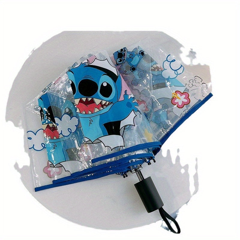 1pc Disney Stitch Manual Cartoon Umbrella, 3-Fold Portable Transparent Sunshade, Casual Cute Fashion Style, Steel & Plastic Material, Foldable Feature
