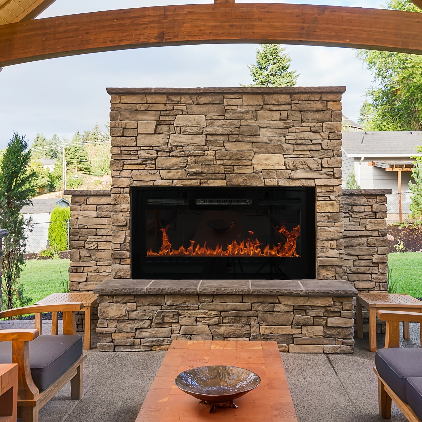 1500W Wall-Mounted Electric Fireplace Heater with Touch Screen, Remote Control, Adjustable Flame Effects, and Timer - Cozy Outdoor Patio Ambiance, Plug-In Power, Cozy Home Ambiance|Sleek Rectangular Design|Wooden Mantel