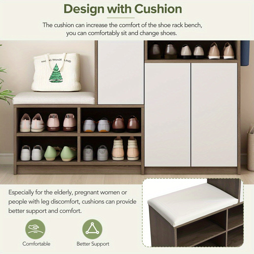 White ON-TREND 2-in-1 Shoe Storage Bench and Shoe Cabinet Multifunctional Shoe Rack with Padded Seat Versatile Shoe Storage Solution with Adjustable Hallway Shelves