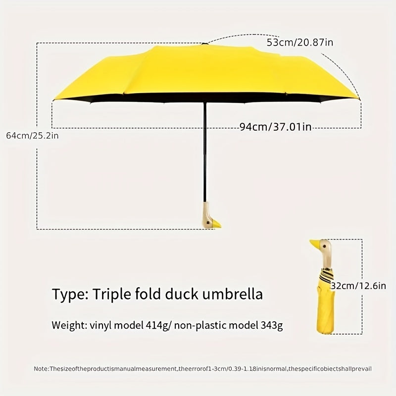 Casual Cute Duckbill Design Triple-Fold Umbrella - Manual Open, 8 Ribs, Pongee Fabric, Wooden Handle, Iron Alloy Shaft and Ribs - Portable Fashion Accessory for Rainy Weather