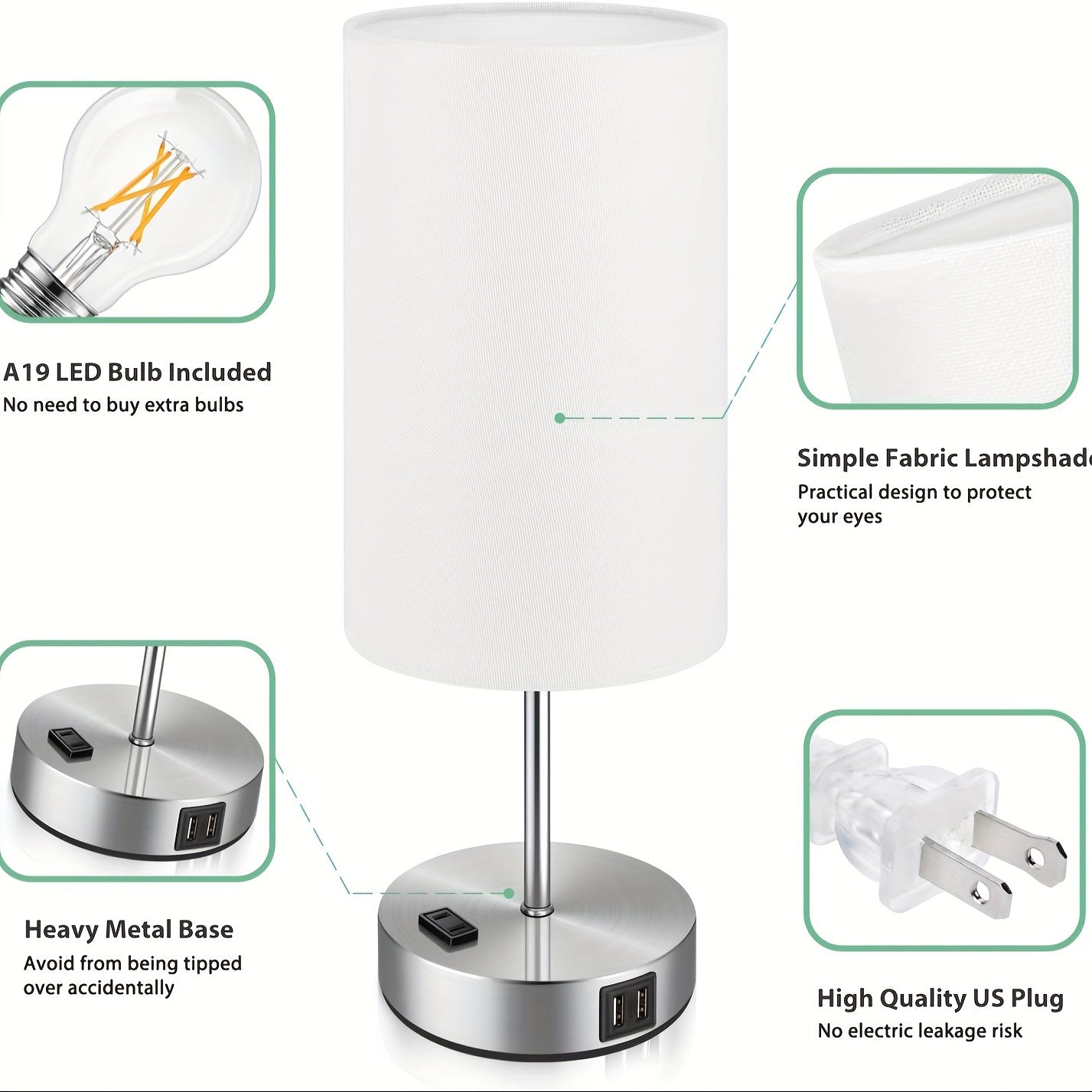 Set Of 2 Touch Control Table Lamps With 2 USB Charging Ports&AC Outlet, 3-Way Dimmable Bedside Nightstand Lamps With White Fabric Lampshade For Reading, Bedroom, Living Room, A19 LED Bulbs Included