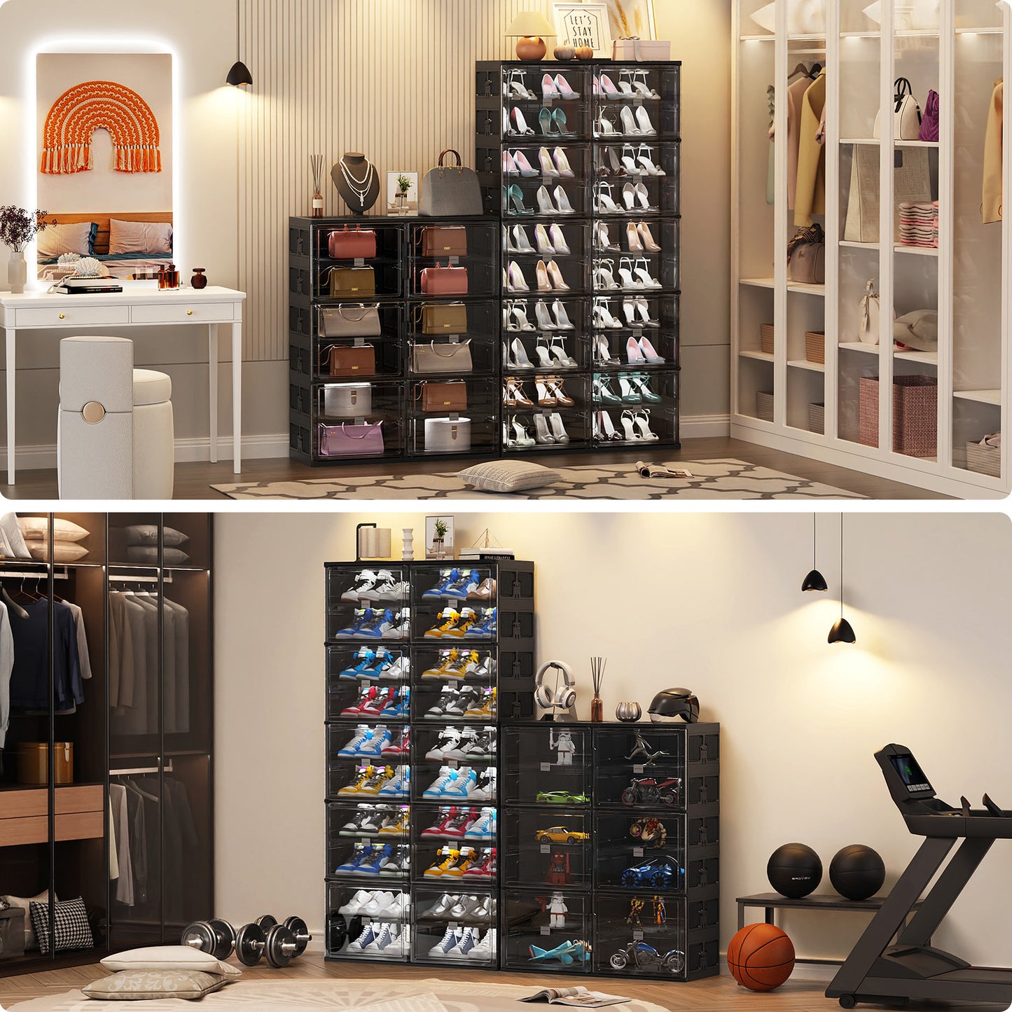 Hard Plastic Shoe Cabinet Insole Storage Organizer for Entryway, Large Stackable Sneaker Shoe Box Organizer for Closet, Portable Folding Shoe Cabinet with Doors, Black