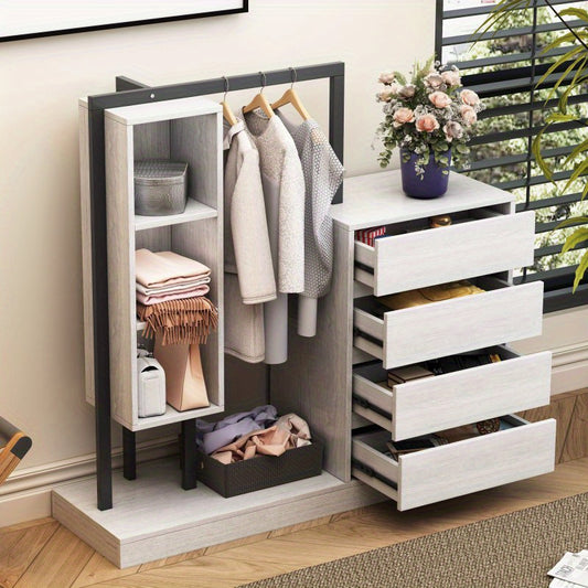 Modern White Wardrobe with 4 Drawers & 3 Shelves – Space-Saving Organizer for Clothes, Shoes & Accessories, MDF+Metal Construction, Easy Assembly, Elegant Design for Any Room, Shoe Organizer | Elegant Storage Solution | Mdf Metal Wardrobe